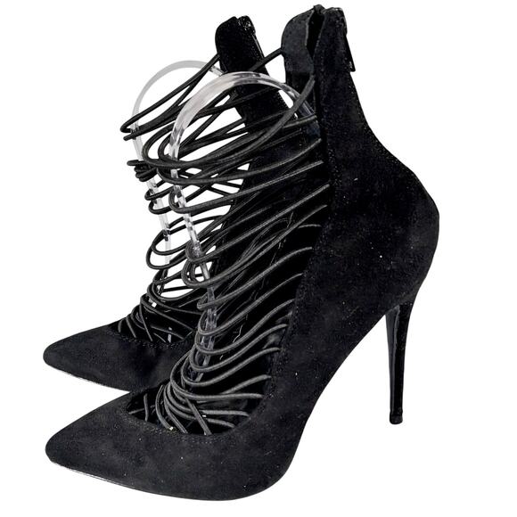 NWOT!JACOBIES! BLACK VEGAN SUEDE MICROFIBER LADDER STRAPPED ANKLE BOOTS! SZ 7.5M - Picture 9 of 9